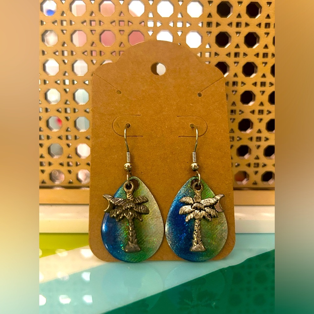 Handmade Chrome Blue and Green Palm Tree Earrings